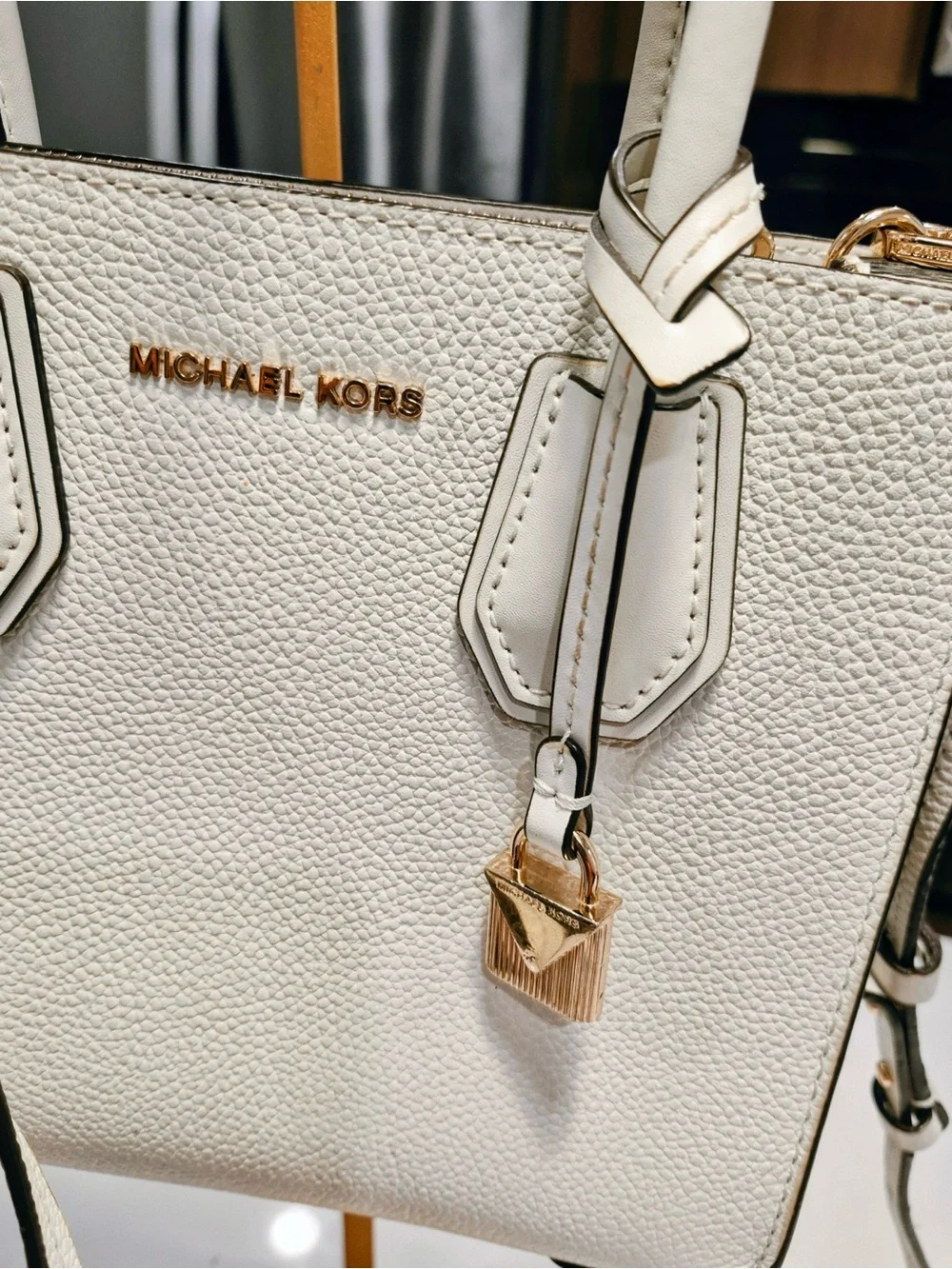 Michael Kors Cream Pebbled Leather Satchel with Gold Hardware